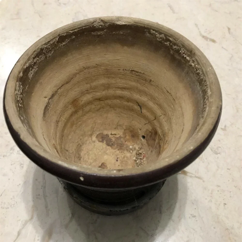 Vintage Pottery Planter with attached Saucer Brown Glaze Primitive